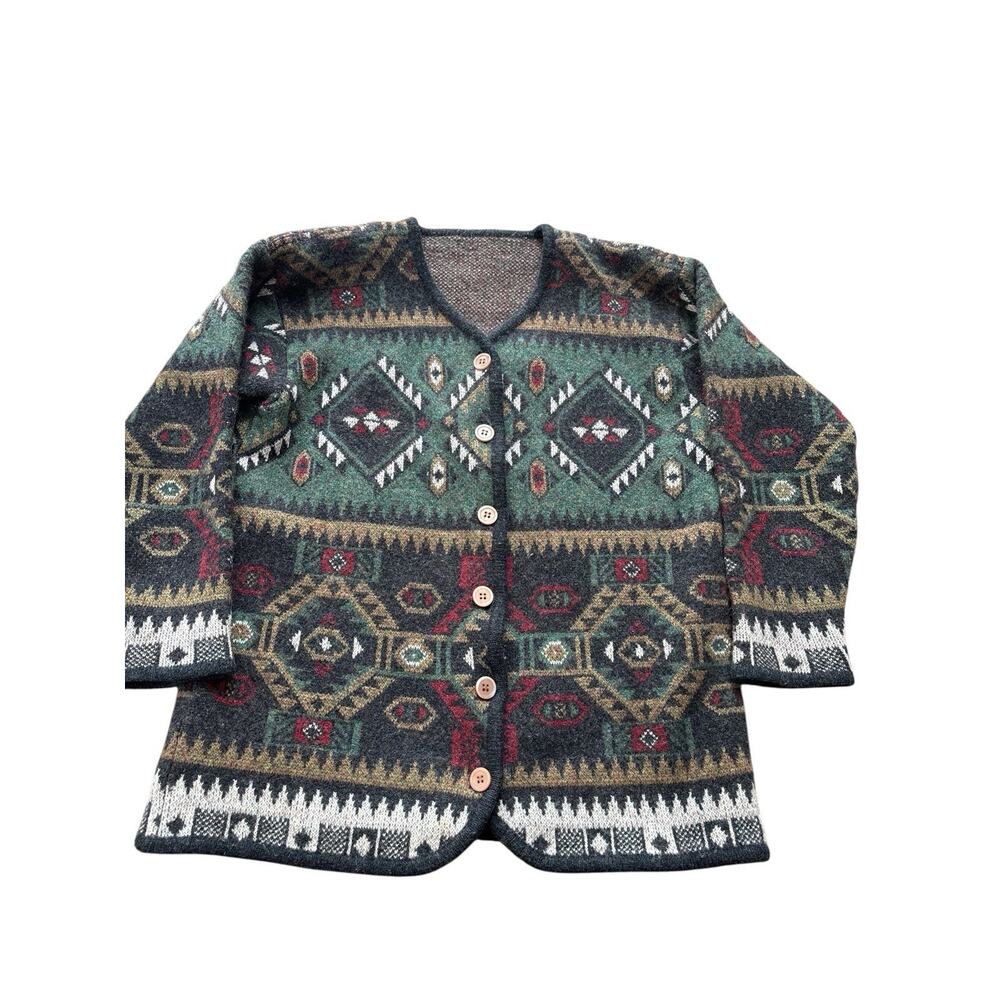Vintage Aztec Blanket Southwestern Wool Cardigan Sweater Small Green Grey Ranch